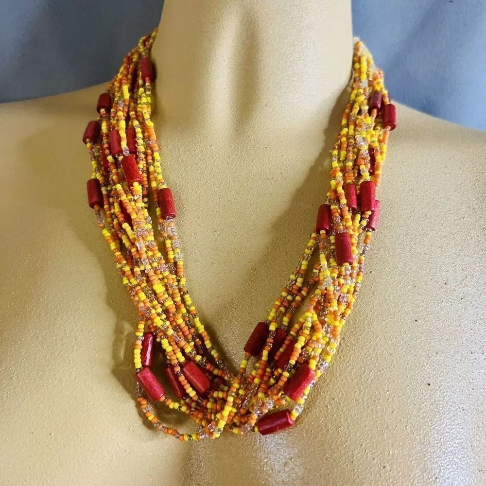 Vintage Necklace Seed Beads Orange Yellow Red Multi Strand Beaded Firework 1417